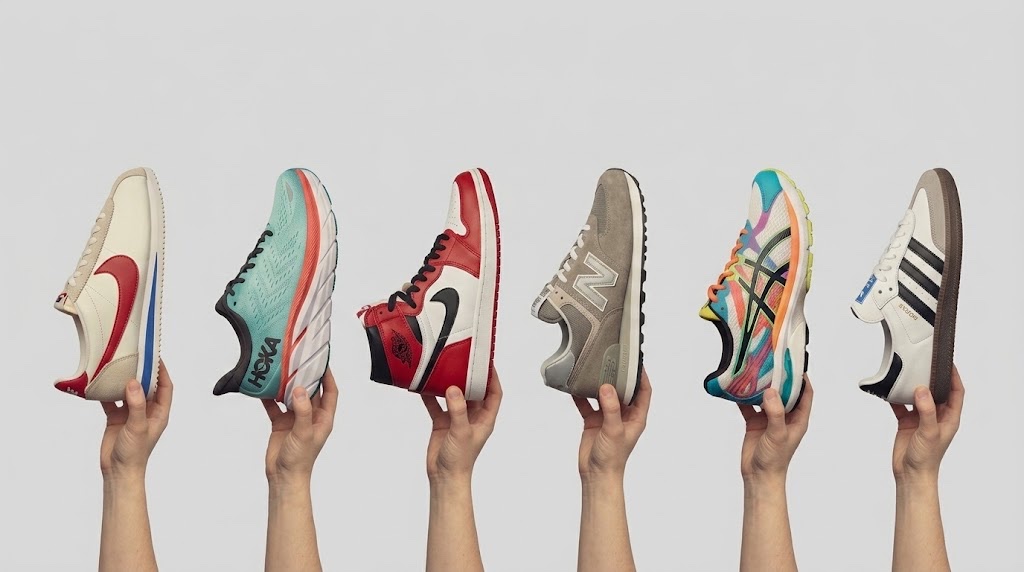 Nike, HOKA, Air Jordan, New Balance, ASICS, and adidas sneakers held up in a row